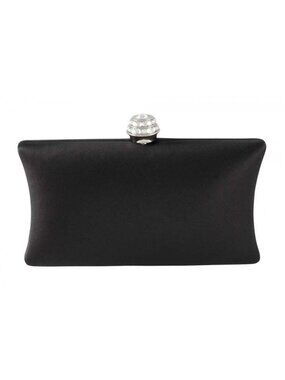 Rhinestone Clasp Classic Preppy Black Satin Clutch Purse Gold X Body Chain Strap